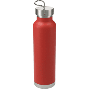 A drink bottle in vibrant red with a stainless steel cap and base, featuring a loop for easy carrying.