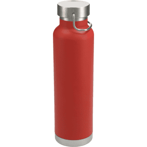 A drink bottle in vibrant red with a stainless steel lid and a silver base, featuring a carry handle.