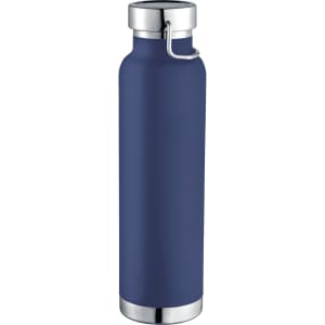 A drink bottle in navy blue with a stainless steel rim and cap, featuring a logo.