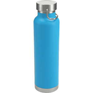 A drink bottle featuring a vibrant blue finish, with a stainless steel base and a metal carrying handle.