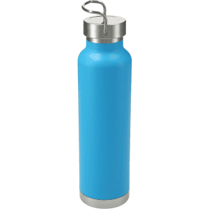 A drink bottle in bright blue with a stainless steel cap and base, featuring a handle for easy carrying.