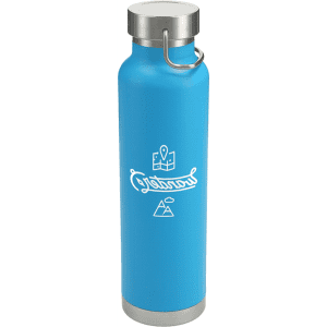 A drink bottle in vibrant blue with a stainless steel base and a logo. Features a vacuum insulated design.