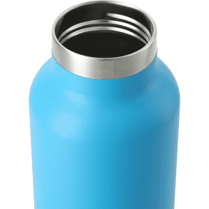 A drink bottle with a sleek blue exterior and a stainless steel rim, featuring a logo on the surface.