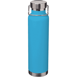 A drink bottle in bright blue with a stainless steel cap and handle, featuring a logo. Holds 650ml.