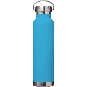 A drink bottle in bright blue with a stainless steel base and a metal screw-top lid, featuring a logo.