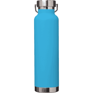 A drink bottle in vibrant blue with a stainless steel base and cap, featuring a secure lid and a logo.