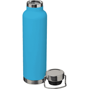 A drink bottle in bright blue with a stainless steel base and a silver screw-on lid. It features a logo.