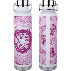 A drink bottle with a pink and white patterned design, featuring a stainless steel lid and base, and a logo.