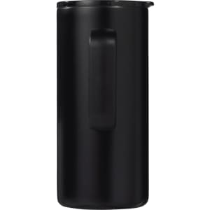 A drink bottle in matte black, featuring a handle and a lid, with a logo. Holds 500ml of liquid.