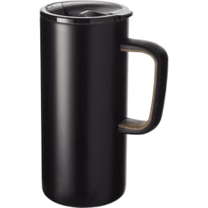 A drink bottle featuring a sleek black design with a cork accented handle and a secure lid. It has a logo.