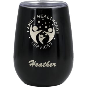 A drink bottle with a matte black finish, featuring a logo and personalised engraving. It has a vacuum insulated design.