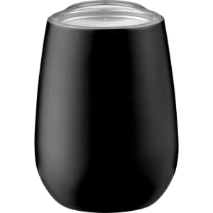 A drink bottle featuring a matte black finish and a clear lid, designed for travel.
