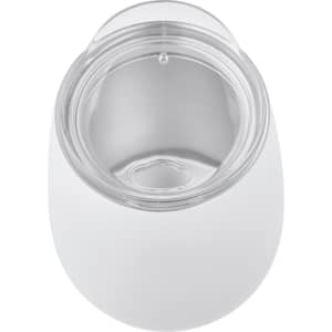 A drink bottle with a white matte exterior and a clear lid, featuring a stainless steel interior.