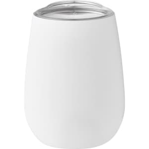 A drink bottle featuring a white, vacuum insulated design with a clear lid and smooth finish. It has a logo on the surface.