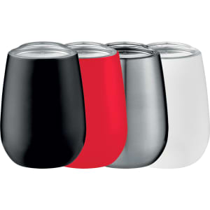 A drink bottle set featuring a black, red, silver, and white vacuum insulated cup, each with a clear lid and branding.
