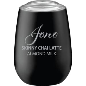 A drink bottle with a sleek black finish, featuring a transparent lid and a logo.