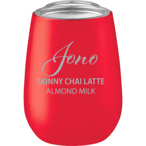 A drink bottle featuring a red vacuum insulated design with a clear lid and an engraved logo.