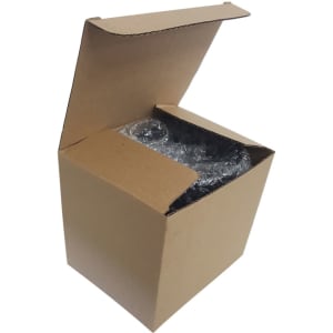 A cardboard box partially open, revealing bubble wrap inside. The box is plain brown without any logos or branding.