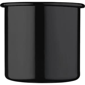 A black enamel metal cup, 500ml in size, with a glossy finish and a simple design. It features a logo.