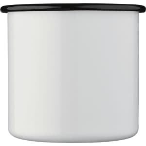 A drink bottle featuring a white enamel metal cup with a black rim, showcasing a simple and stylish design.