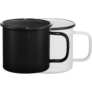 A drinkware set featuring two enamel metal cups, one black and one white, each with a contrasting rim and handle.