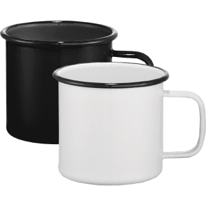 A drinkware set featuring a black and a white enamel metal cup, each with a contrasting rim and handle.