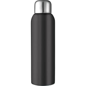 A drink bottle made of stainless steel, featuring a sleek black design and a metallic silver lid.
