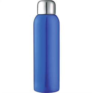 A drink bottle in a glossy blue finish with a silver cap and a logo on the surface.