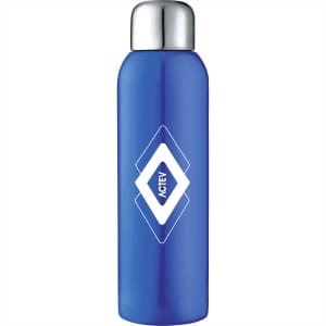 A drink bottle in a vibrant blue colour with a stainless steel lid and a logo on the front.