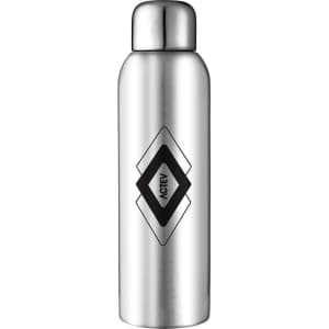 A drink bottle in silver stainless steel, featuring a black logo and a sleek design, ideal for sports and hydration.