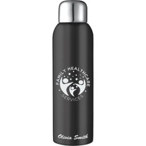 A drink bottle in matte black with a silver screw-on lid, featuring a logo and a name on the side.