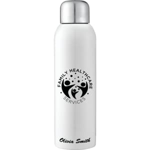 A drink bottle featuring a sleek white design with a stainless steel top and a logo.