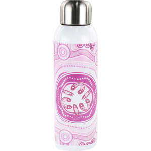 A drink bottle with a pink and white patterned design and a stainless steel lid. It features a logo.
