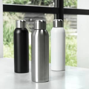 A drink bottle set featuring a black, a silver stainless steel, and a white bottle with metal caps. Each has branding.