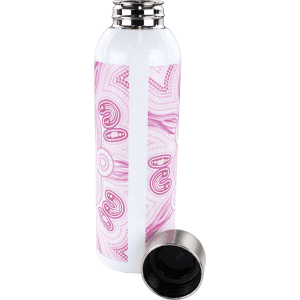 A drink bottle in white with a pink tribal pattern and a stainless steel lid, featuring a logo.