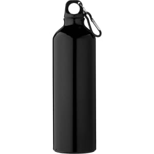 A drink bottle made of black aluminium, featuring a carabiner and a sleek, minimalist design.