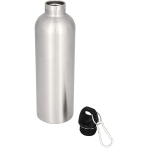 A drink bottle made of stainless steel with a sleek silver finish and a black cap attachment.