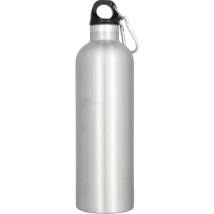 A drink bottle made of aluminium with a sleek silver finish and a black cap, featuring a carry clip.