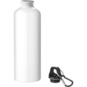 A drink bottle in glossy white finish with a black screw cap and a carabiner attachment. It features a logo.