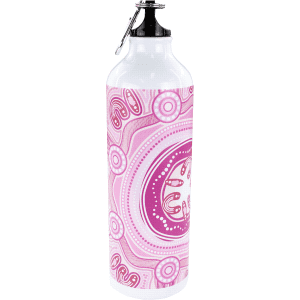 A drink bottle made of aluminium, featuring a pink design and a silver cap with a clip. It has a logo printed on it.