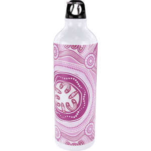 A drink bottle featuring a pink design, with a black lid and a logo on the side. Made of aluminium.