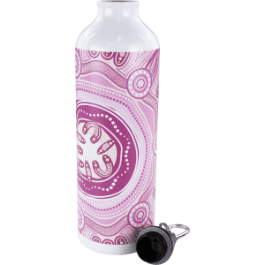 A drink bottle in pink and white with a patterned design and a black screw cap. It features a logo.
