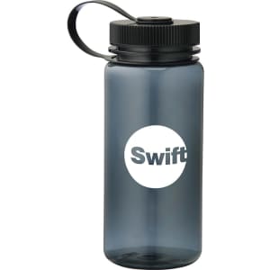 A drink bottle in a smoky grey colour, featuring a black lid and a handle, with a logo on its side.