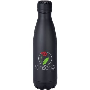A drink bottle in matte black with a logo printed on the front, featuring a vacuum-insulated design.