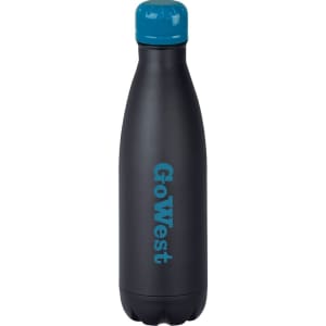 A drink bottle in matte black with a teal blue cap, featuring a logo. It has a vacuum-insulated design.