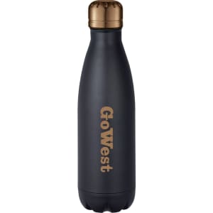 A drink bottle with a matte black finish and a bronze lid, featuring a logo on the front.