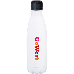 A drink bottle in white with a colourful logo, featuring a vacuum insulated design and a 500ml capacity.