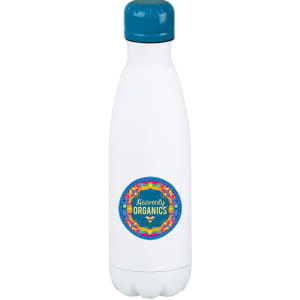 A drink bottle featuring a white body and a teal lid, with a circular logo on its surface.