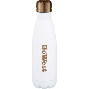 A drink bottle in white with a bronze lid, featuring branding on the surface. It's 500ml and vacuum insulated.
