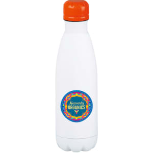A drink bottle in white with an orange lid and a circular logo. It features a sleek, vacuum-insulated design.